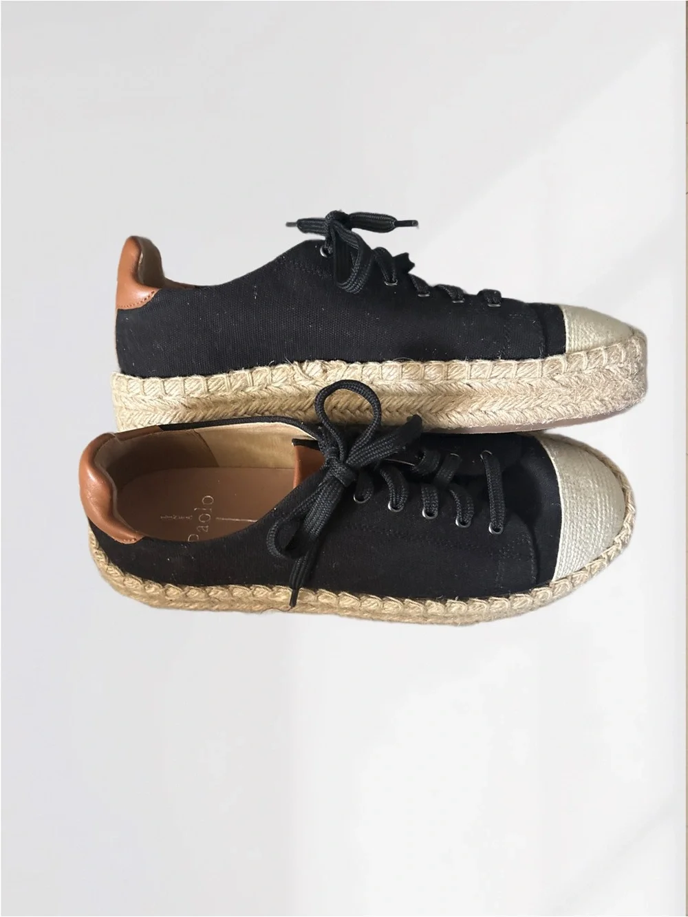 Paolo Black Espadrille Platform Sneakers with Cream Toe and Tan Heel Size 8.5